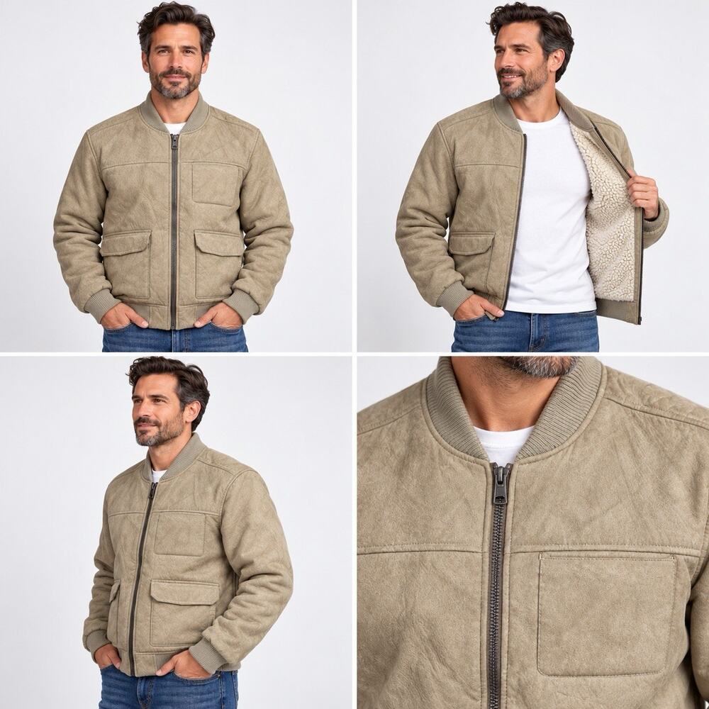 George Bomber Jacket Mens Medium Tan Sherpa Lined Full Zip Pockets Ribbed Trim